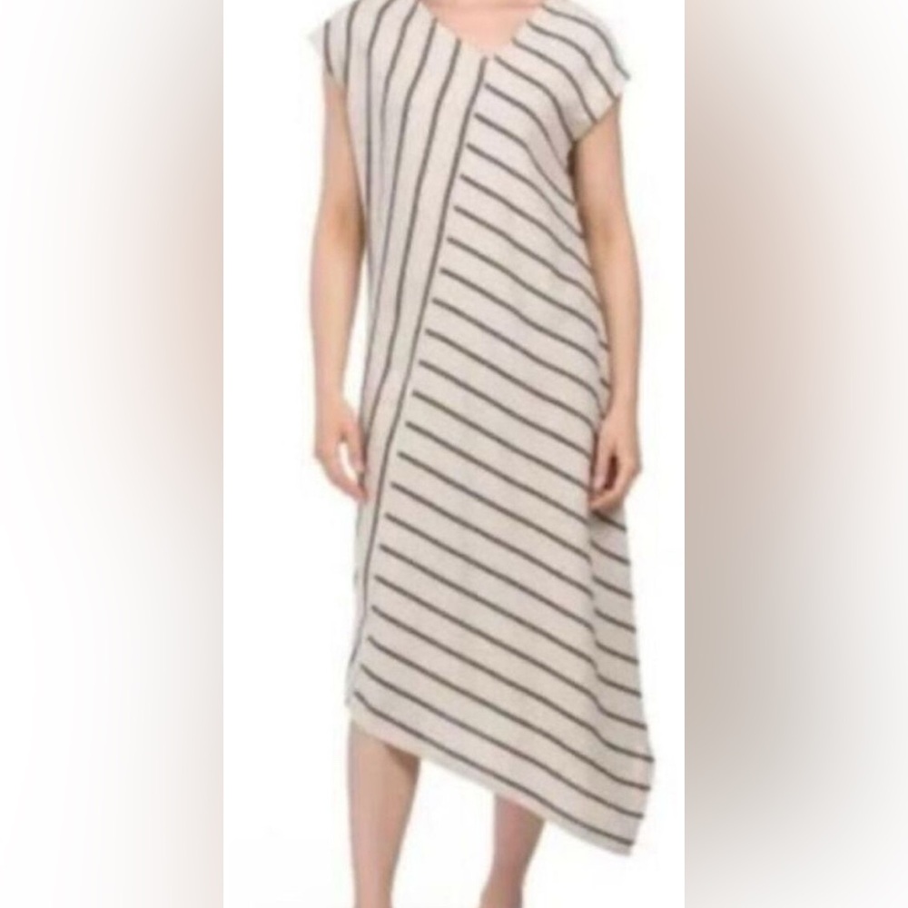 Tahari Stripe Asymmetrical Hem Linen Blend Midi Dress | Black/Tan | XS | NWOT